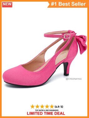Kitten Heel Pumps Bow Ankle Strap Buckle Closed Toe Faux Suede Comfortable